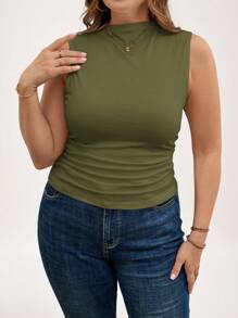 SHEIN LUNE ملابس علوية كاجوال بياقة صلبة وتجاعيد مناسبة للمقاسات الكبيرة للنساء، مناسبة للعطلات - أخضر عسكري - مشاهدة 6