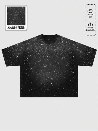 Street Life Camiseta de hombre con efecto lavado y decoración de strass, de estilo holgado y corto