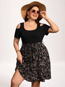 SHEIN LUNE 加大对比碎花印花露肩系带连衣裙，夏季