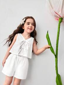 2件套少女心印花梭织吊带背心和短裤套装 - 白色 - 查看 4