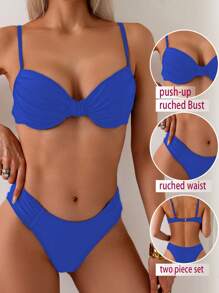 Swim Basics 2pcs Women Summer Solid Color Sexy Supportive Ruched Tankini Top And Bikini Bottoms, Beach Vacation Swimsuit Set - Royal Blue - View 1