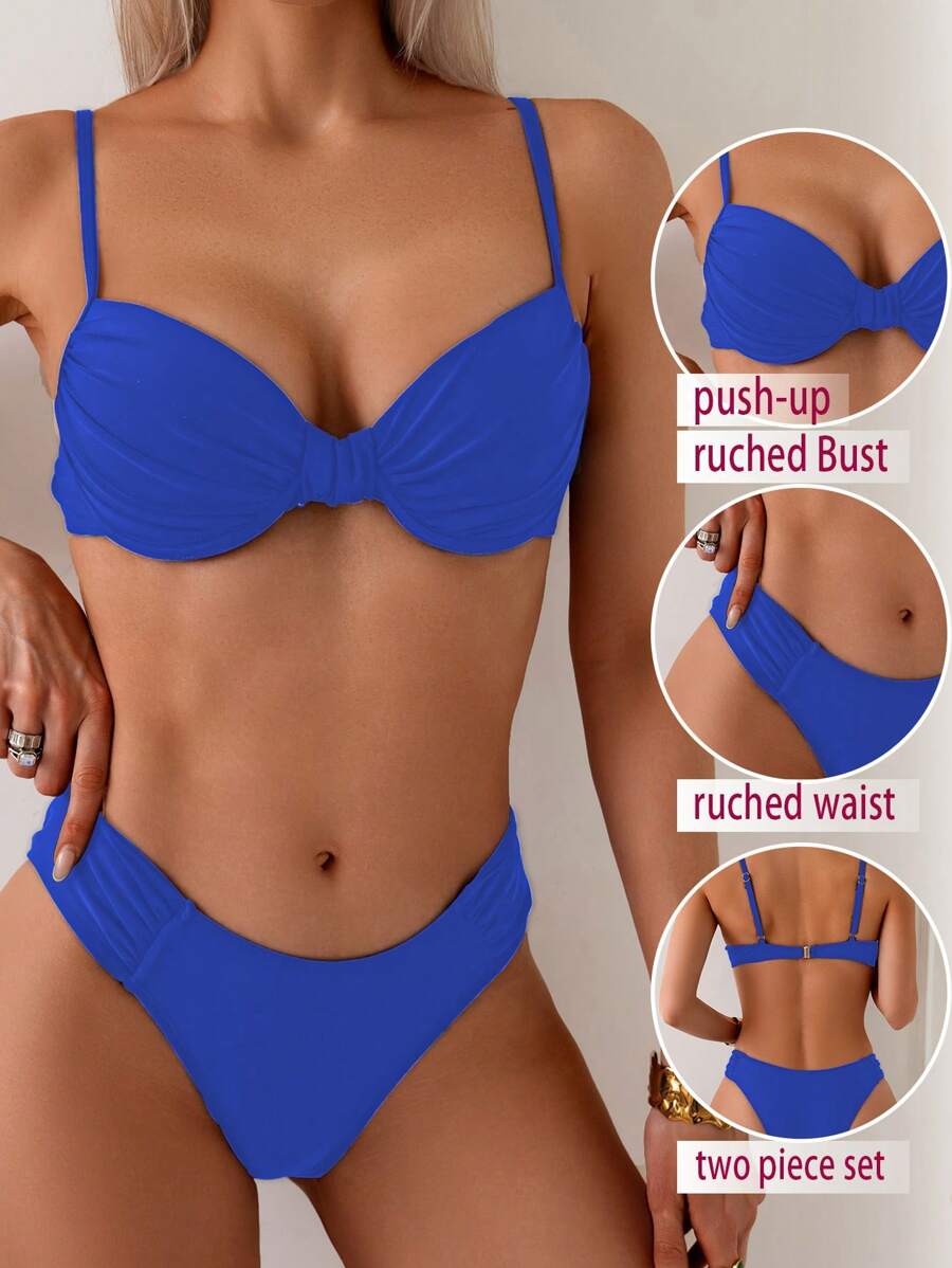 Swim Basics 2pcs Women Summer Solid Color Sexy Supportive Ruched Tankini Top And Bikini Bottoms, Beach Vacation Swimsuit Set - Royal Blue - View 1