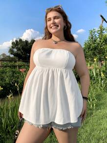 SHEIN EZwear Damen Große Größen einfarbiges Rüschensaum Bandeau Top, Urlaubsmode - Aprikosenfarben - Übersicht 3