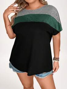 SHEIN LUNE 夏季大码女式圆领拼色蝙蝠袖短袖 T 恤 - 綠色 - 查看 3
