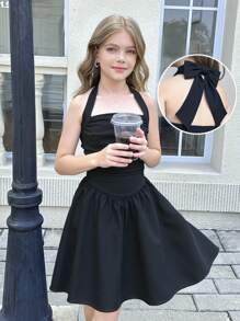 SHEIN Tween Girl Black Sleeveless A-Line Dress With Bow Neck