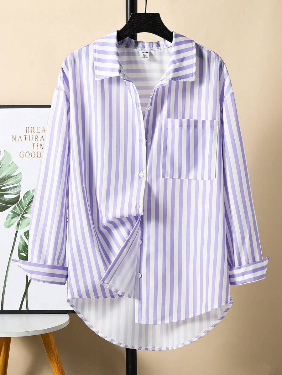 SHEIN Camicia a maniche lunghe larga e casual a righe con tasche adatta per teenager, abbinabile a pantaloni ampi, leggings, shorts o minigonna