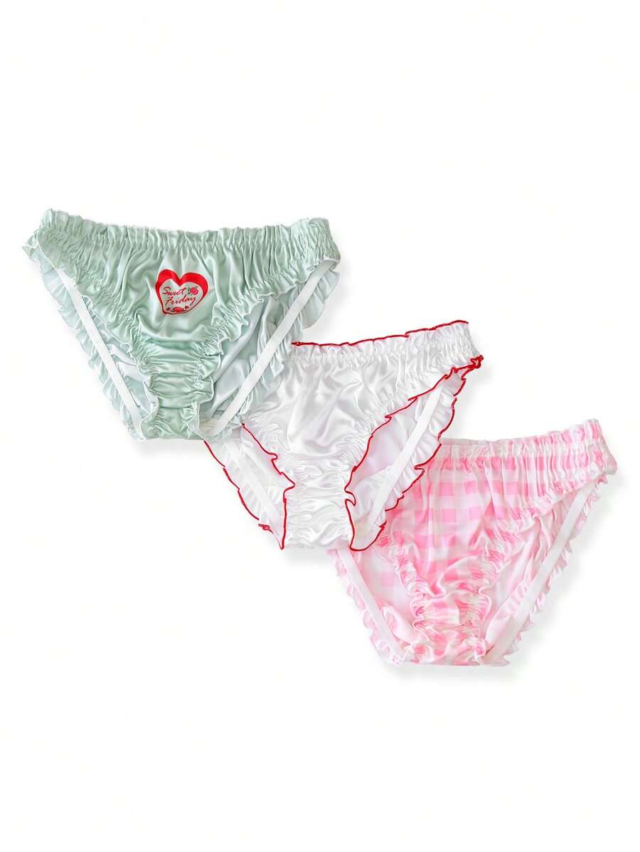 3pcs Sweet & Cute Satin Scallop-Edged Color Block Panties For Teen Girls - Multicolor - View 1