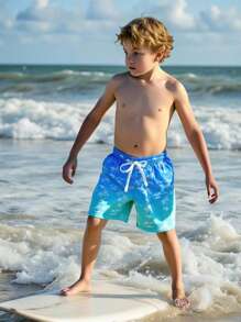 SHEIN Young Boys Blue Coconut Tree Print Summer Beach Swim Trunks Shorts Boys Swim Trunks Boys Beach Shorts Swim Trunks For Boys Beach Shorts For Boys Tween Boy Beach Clothes - Multicolor - View 1