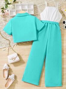 Tween Girls Solid Color Short Sleeve Top And Pants 2 Pieces Outfit, Fashionable For Summer - Green - View 2