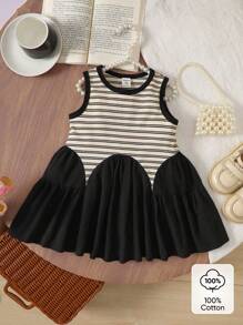 SHEIN Infant Girls' Fashionable Striped Elegant All-Match Casual Dress, Versatile For Spring And Summer