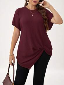 SHEIN LUNE Plus Size Summer Solid Color Round Neck Short Sleeve Casual T-Shirt With Twisted Hem - Burgundy - View 1