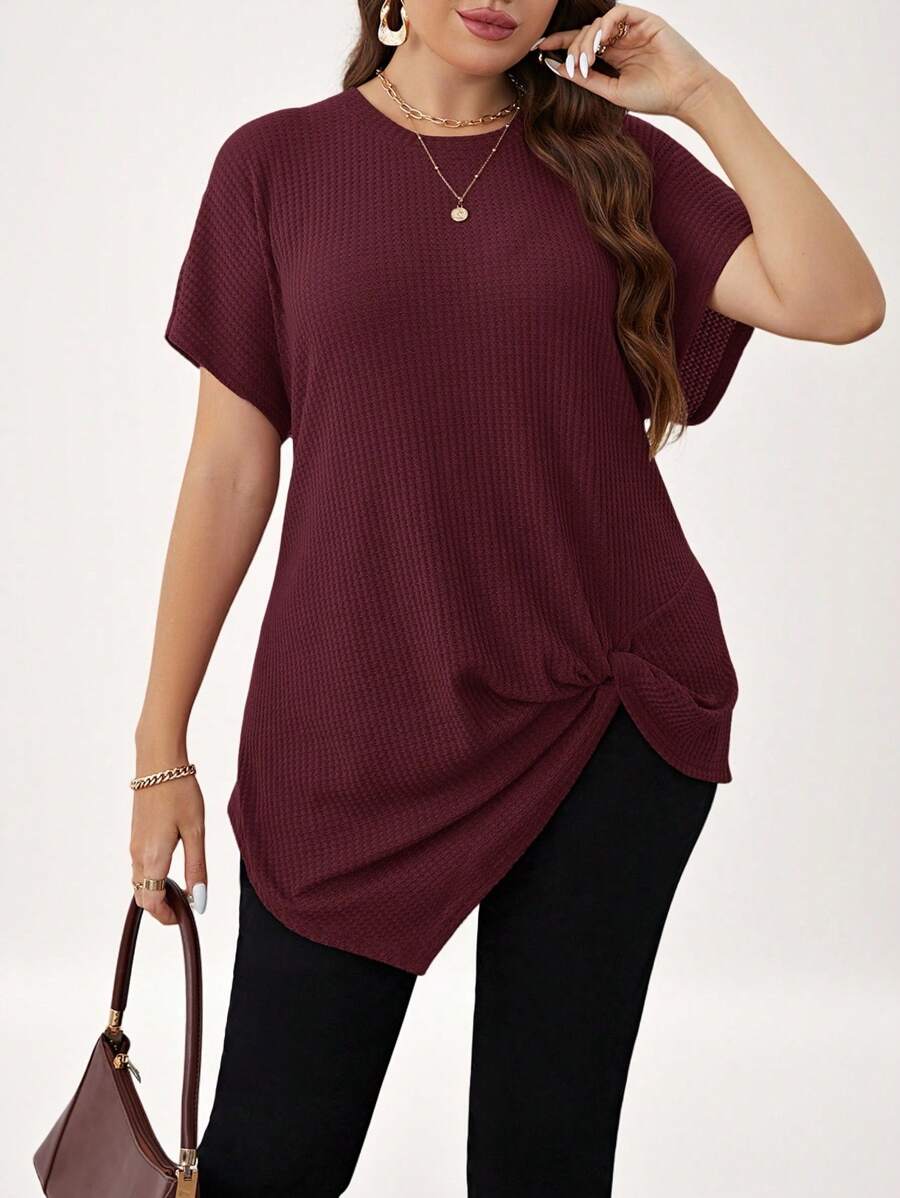 SHEIN LUNE Plus Size Summer Solid Color Round Neck Short Sleeve Casual T-Shirt With Twisted Hem - Burgundy - View 1
