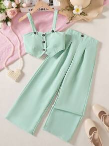 2pcs/Set Elegant Tween GirlsCamisole Top And Trousers Set - Green - View 6