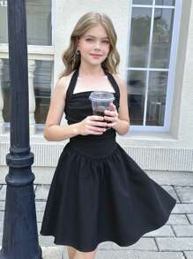 SHEIN Tween Girl Black Sleeveless A-Line Dress With Bow Neck
