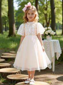 Young Girls' Simple White Short Sleeve Dress Kids Elegant Dress Girls Party Dress Girls Maxi Dress Girls Lace Dress Flower Girl Dress Little Girls Party Dress - White - View 4