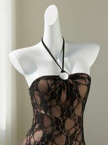 Elamini Black Lace Floral Sheer Metal Buckle Decor Halter Backless Tie Waist Ruffle Asymmetric Hem Mini Dress, Elegant Vintage Sexy Beach Holiday Cocktail Party Summer - Black - View 3