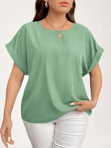 SHEIN LUNE Plus Size Solid Color Crew Neck Batwing Sleeve Casual Blouse Summer For Women - Mint Green - View 1