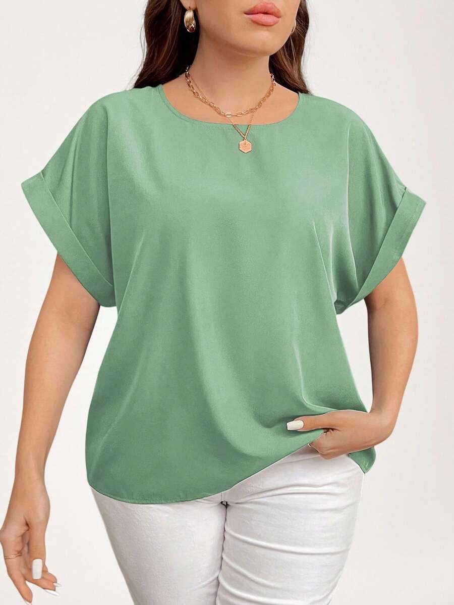 SHEIN LUNE Plus Size Solid Color Crew Neck Batwing Sleeve Casual Blouse Summer For Women - Mint Green - View 1