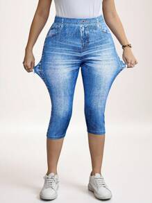SHEIN LUNE Conjunto de vaquera de verano de talla grande para mujer, con efecto de mezclilla azul, cintura alta, pantalones pitillo casuales sencillos y de moda, para uso diario y vacaciones