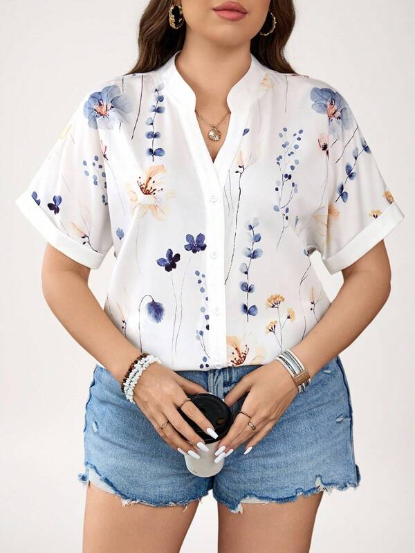 SHEIN LUNE Tricou de vară cu mânecă scurtă pentru femei, mărime plus, cu imprimeu floral