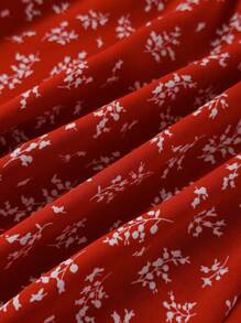 SHEIN LUNE Green Base White Flower Ruffled Sleeve Shirt, Fashionable For Summer - Red - View 5