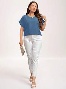 SHEIN LUNE 女士大码休闲纯色蝙蝠袖衬衫，夏季款 - 霧霾藍 - 查看 5