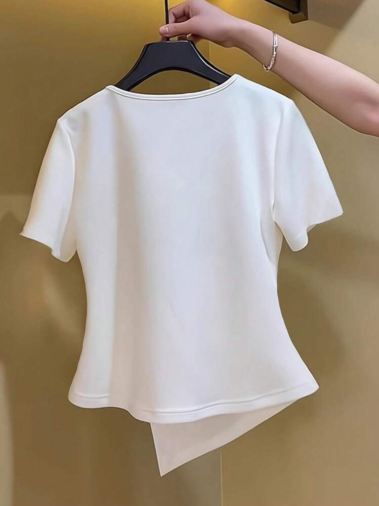 Franclia Camiseta de mujer de manga corta con cuello en V brillante, con abertura y bajo asimétrico, de moda para el verano - Blanco - Añade 2