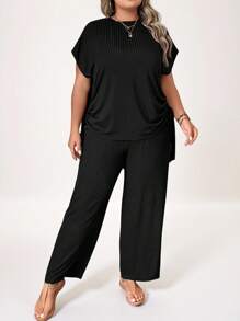SHEIN LUNE Plus Drawstring Side Batwing Sleeve Tee & Wide Leg Trousers - Black - View 3