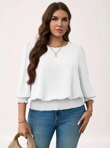 SHEIN LUNE Plus Size Casual Solid Color Puff Sleeve Blouse New Years Women Holiday Valentine Day Vacation Woman Summer For Women Top