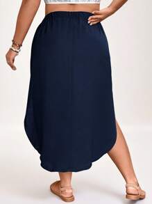 SHEIN LUNE Plus Tie Waist Curved Hem Solid Skirt - Navy Blue - View 2