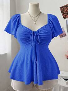 Flirla 大码女式扇贝领盖袖纹理套头 T 恤，休闲优雅的 A 字形设计