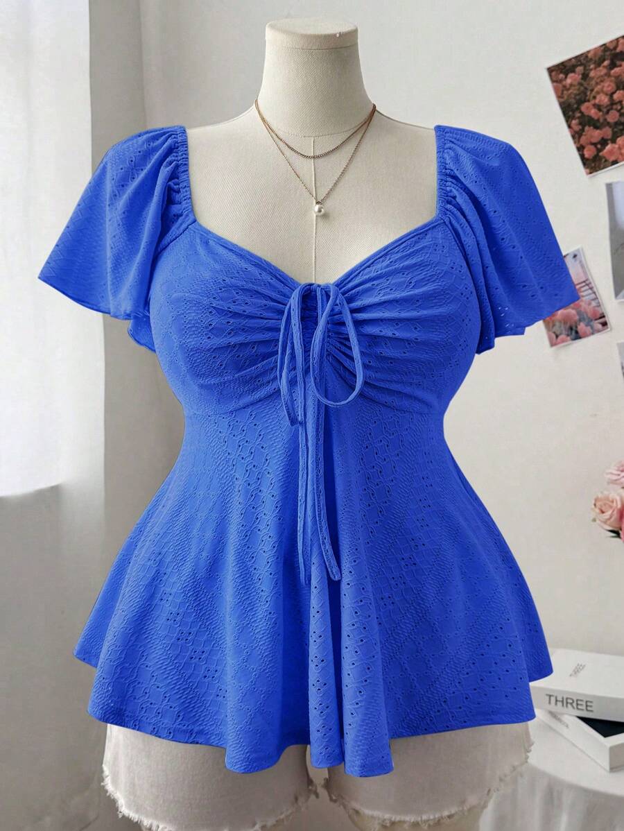 Flirla 大码女式扇贝领盖袖纹理套头 T 恤，休闲优雅的 A 字形设计