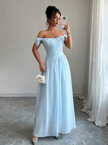 Selianne Vestido de Festa de Bola de Vintage Luxuoso de Dupla Camada em Tule Franzido com Laço Decorado com Miçangas, Vestido de Verão Elegante Francês Tubo de Coquetel para Feriados - Azul - Visão 7