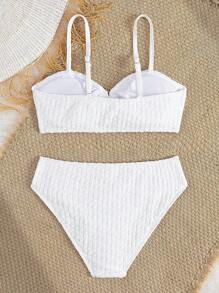 青少年女孩纯色提花针织白色比基尼套装，配有可调节肩带，时尚欧美风格，适合度假、游泳、海滩 - 夏季白色纹理比基尼套装白色两件套泳衣白色少女泳衣两件套比基尼套装少女比基尼