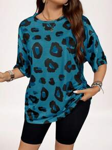 SHEIN LUNE Plus Size Basic Leopard Print Animal Pattern Casual T-Shirt, For Summer