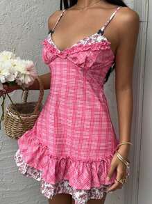 Sunnyshic 女式夏季休闲/度假格子拼布碎花双层荷叶边下摆细肩带迷你连衣裙 - 彩色 - 查看 8