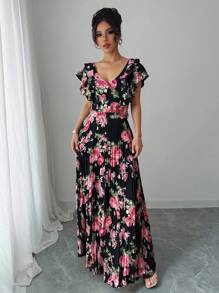 Lyxana Váy nữ dáng chữ A in họa tiết hoa kỹ thuật số phong cách nghỉ mát viền xếp nếp thanh lịch lãng mạn - Nhiều màu - Xem 4