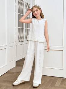 SHEIN Tween Girls Commuter Casual Jacquard Sleeveless Crew Neck Top And Straight Leg Pants Set