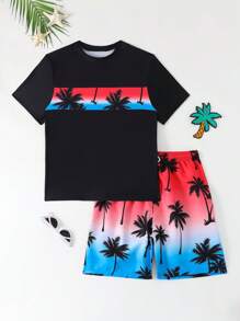 SHEIN 青少年男孩两件套泳衣套装 - 印花上衣和随机印花短裤 - 彩色 - 查看 3