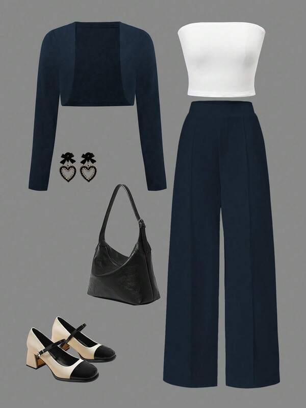 Sparklyn 3 Pieces Set For Teen Girl Elegant Imitation Camisole Jacket, Minimalist Tube Top & Long Pants, Suitable For Commuting, Autumn/Winter Fall