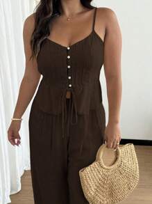 Rustia Setelan 2 Potong Celana Kasual Linen Musim Panas dengan Tali untuk Wanita, Gaya Minimalis - Coffee Brown - View 8