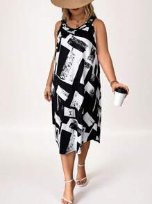 SHEIN LUNE Plus Geo Print Tank Dress, Summer - Black and White - View 5