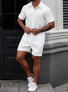 Manfinity Homme Men's Striped Short Sleeve Single Breasted Drawstring Waist Pockets Shirt & Shorts Set