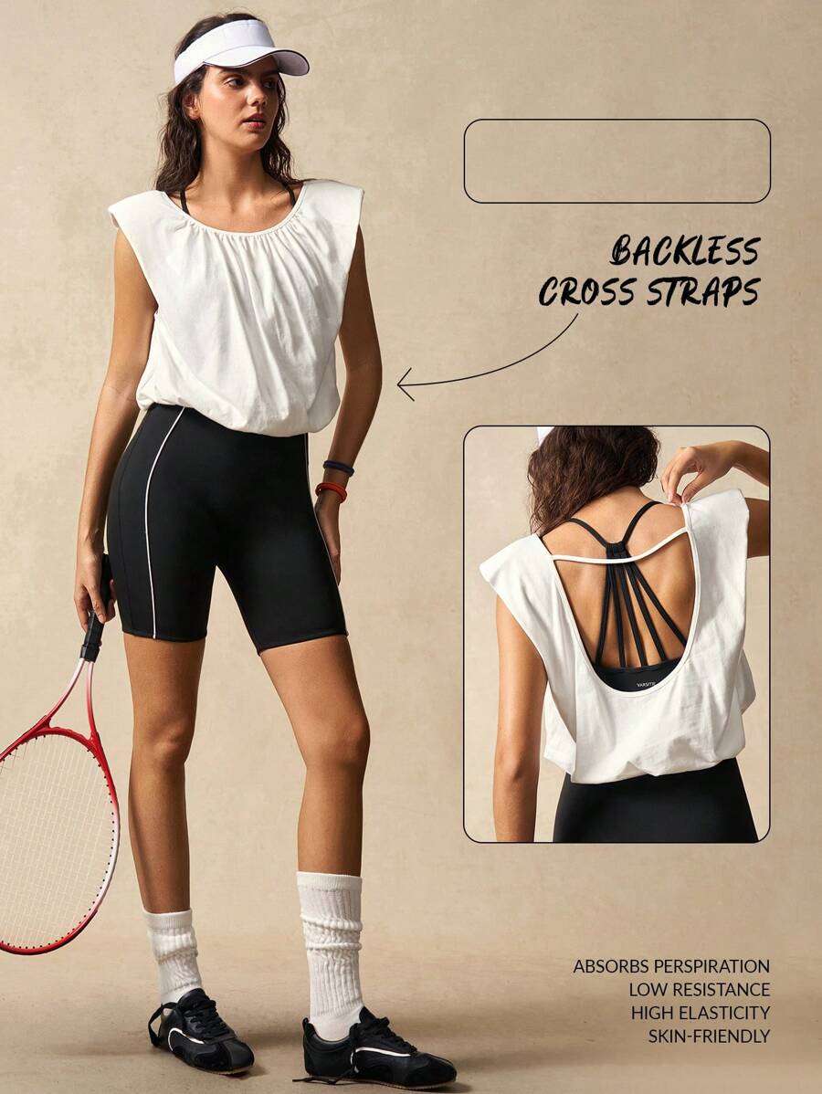 VARSIVA Camiseta deportiva de unicolor sin espalda para mujer, top de verano para entrenamiento de mujer - Blanco - Ver 1