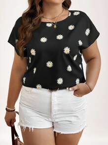 SHEIN LUNE Plus Size Women Daisy Floral Print Batwing Short Sleeve Casual Blouse Women Tops Black Shirt Fall Clothes Clothes Holiday Outfit - Black - View 1