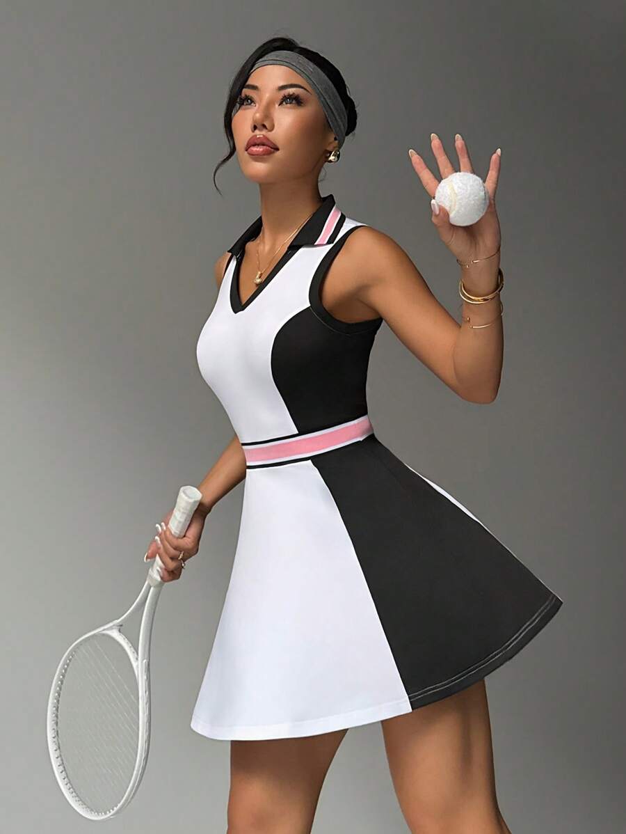 SHEIN Sports Women's Sports Casual Dress, Fashionable For Summer - Black and White - View 1