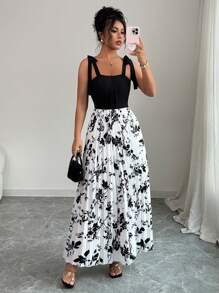 Elenzga Women's Elegant Tie-Bow Decor Ruffle A-Line Flowy Dress, Graceful Design, Suitable For Spring & Summer - Multicolor - View 1