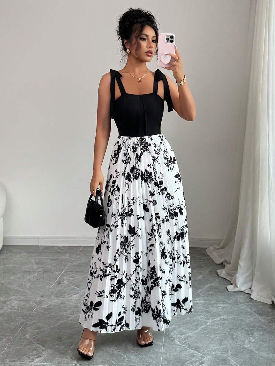 Elenzga Women's Elegant Tie-Bow Decor Ruffle A-Line Flowy Dress, Graceful Design, Suitable For Spring & Summer - Multicolor - View 1