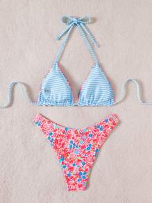 Swim Mod 2pcs/Set Women Holiday Vacation Beach Random Print Reversible Halter Top And Adorable Shorts Bikini Set For Summer - Multicolor - View 2