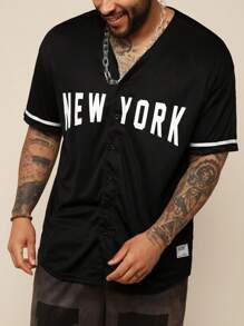 EASEVO Men Plus Letter Graphic Patch Detail Contrast Tape Baseball Shirt, School - Black - View 3